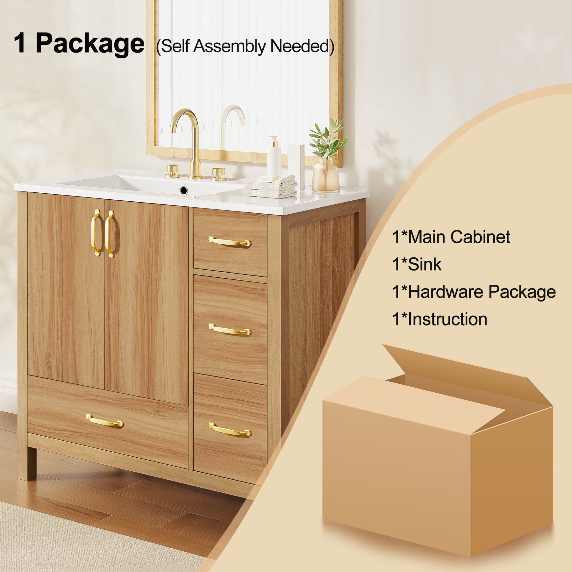 36" Bathroom Vanity, 2 Soft Close Doors, 4 Soft Close Drawers, Adjustable Shelf, Storage Cabinet - Acacia Wood - Image 10