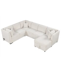 U - Shaped Sectional Sofa Pull Out Sofa Bed With 2 USB Ports, 2 Power Sockets, 3 Back Pillows And A Storage Chaise For Living Room - Beige