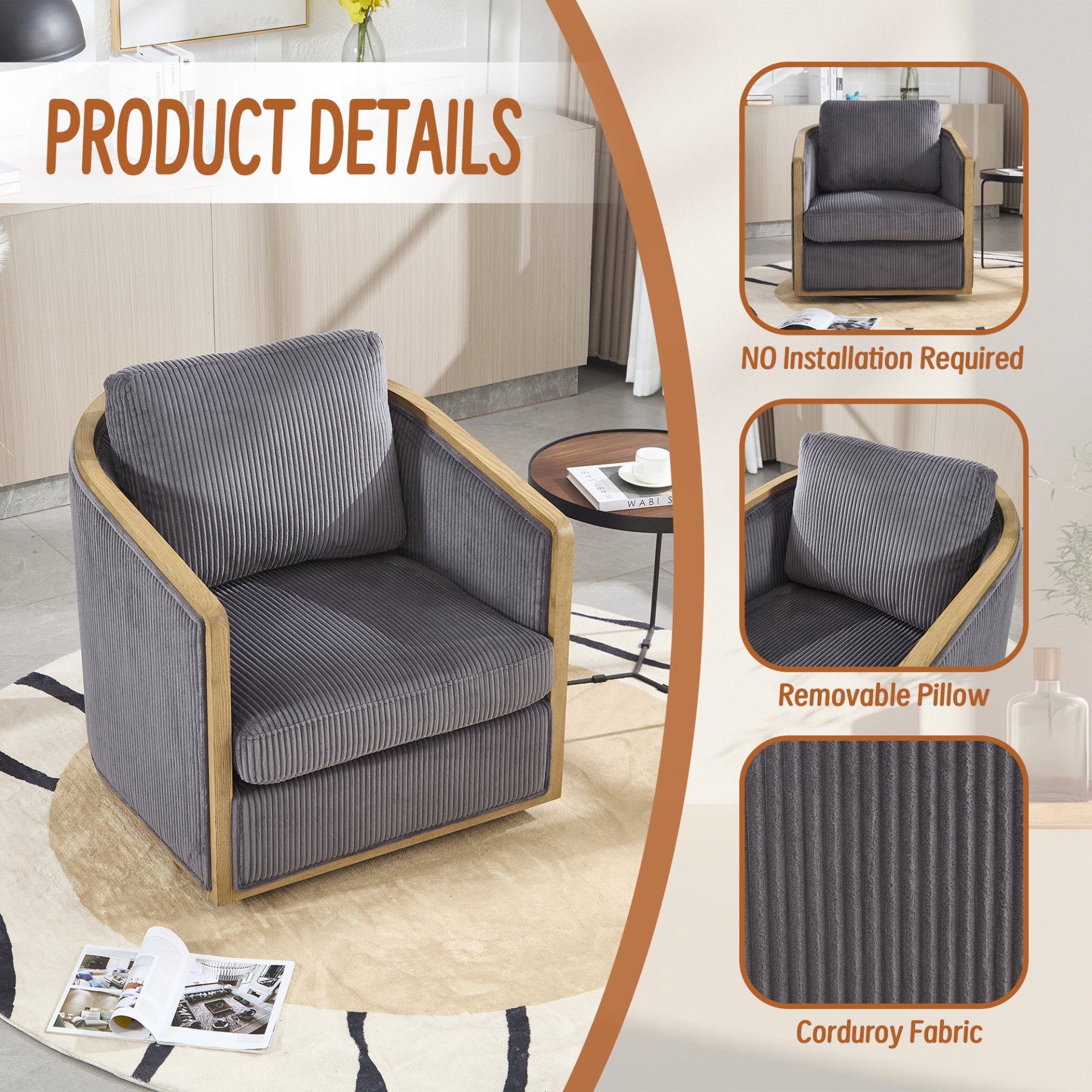 Corduroy Swivel Barrel Chair, Comfortable Accent Sofa, 360 Degree Swivel - Dark Gray - Image 5