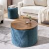 Classic Chenille Storage Ottoman Set With Drum Shaped Stool And Desktop Panel - Dark Blue - Image 4