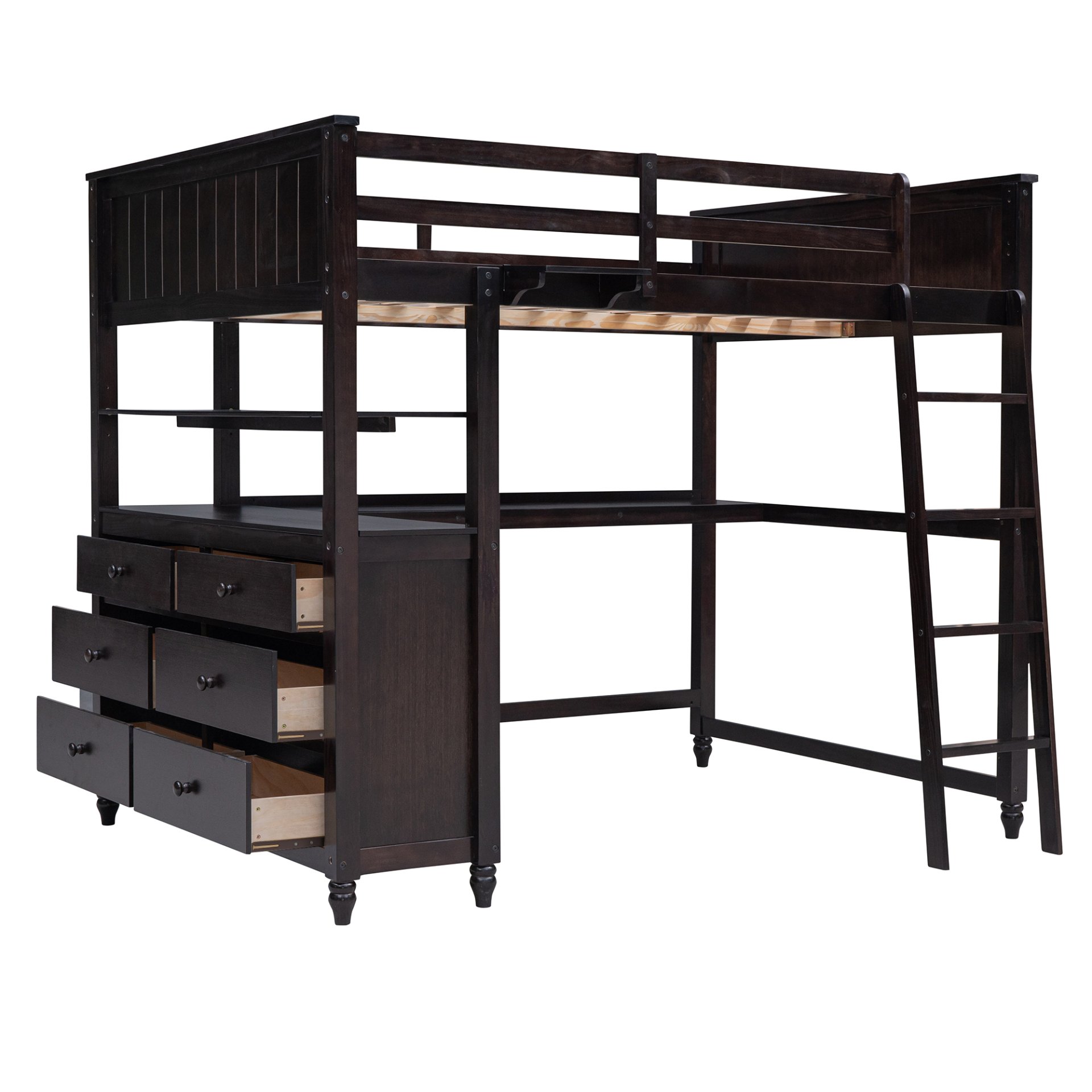 Full Size Loft Bed With Drawers And Desk With Shelves - Espresso - Image 5
