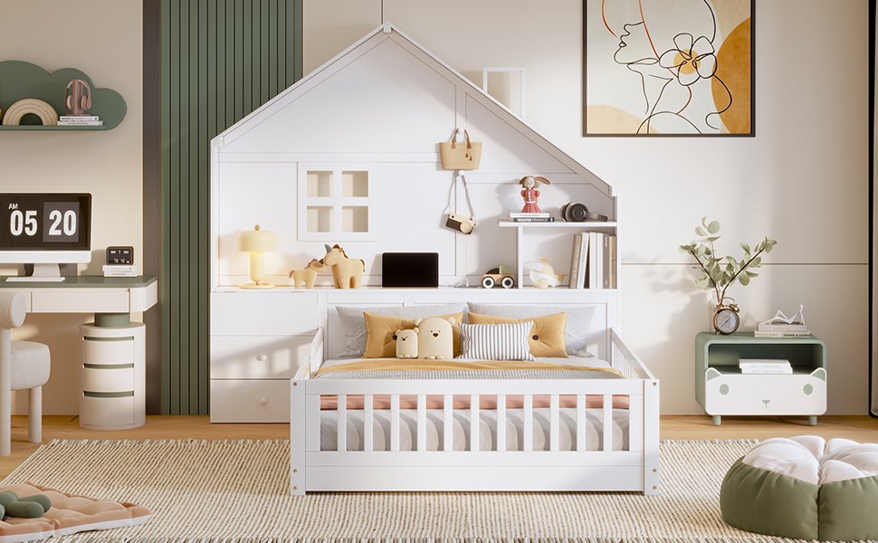 Full Size House Bed With Window And Bedside Drawers, Platform Bed With Shelves And A Set Of Sockets And USB Port - White - Image 17