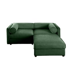 Modern Chenille 2 Seater Sofa With Ottoman Storage Cylindrical Backrest And Armrests - Green