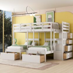 Full Over Twin & Twin Classic Triple Bunk Bed With Drawers And Guardrails - White