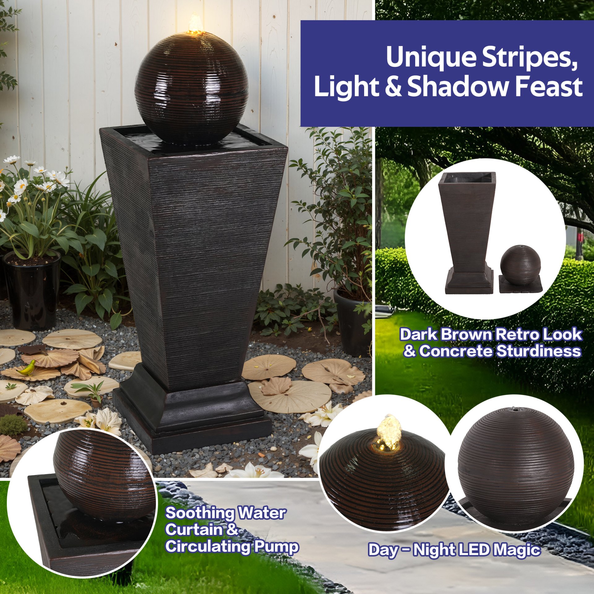 35.5" Tall Column Fountain With LED Lights, Retro Outdoor Decor, Weather Resistant Feature - Dark Brown - Image 4