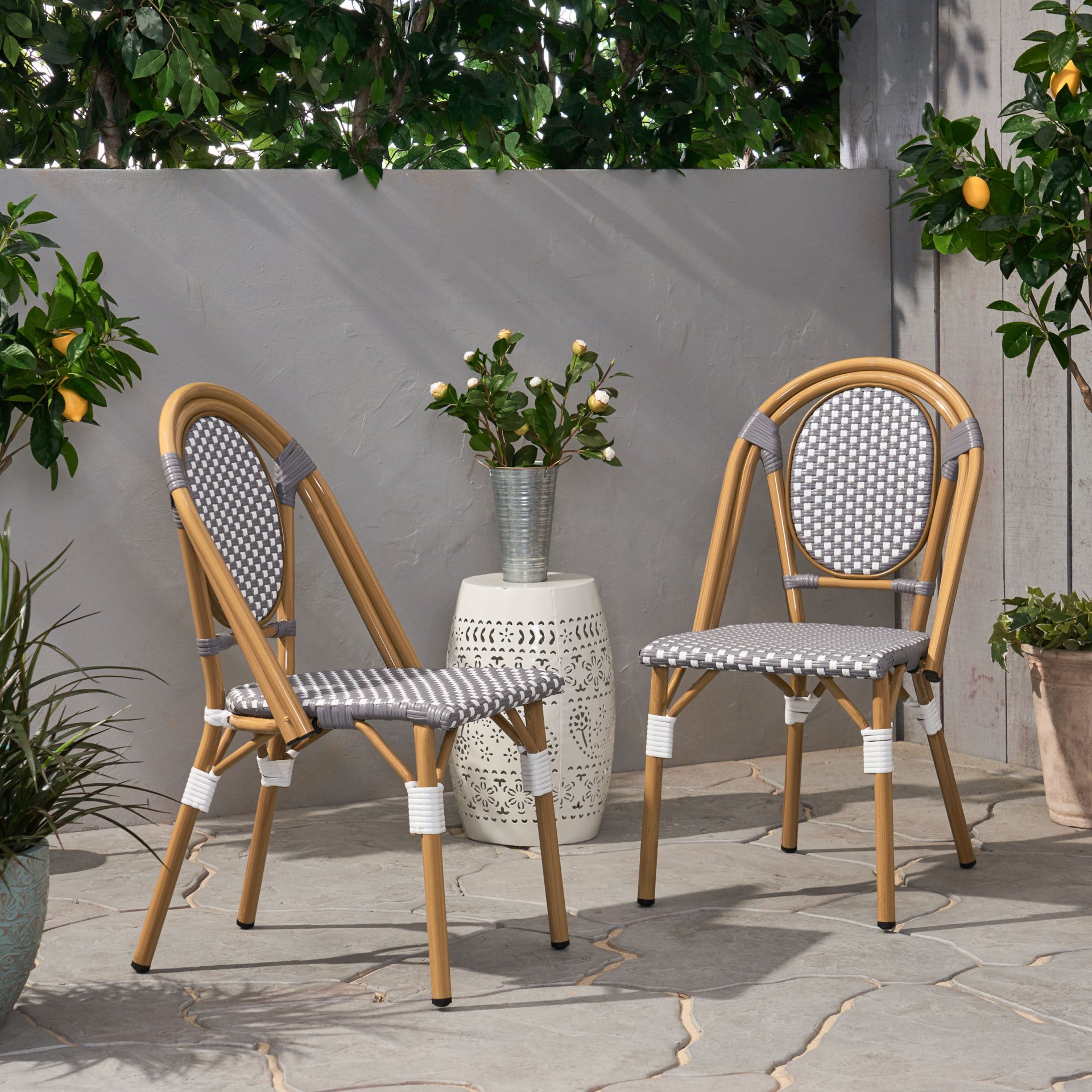 French Bistro Chair Set Outdoor Cafe Style - White / Gray - Image 4
