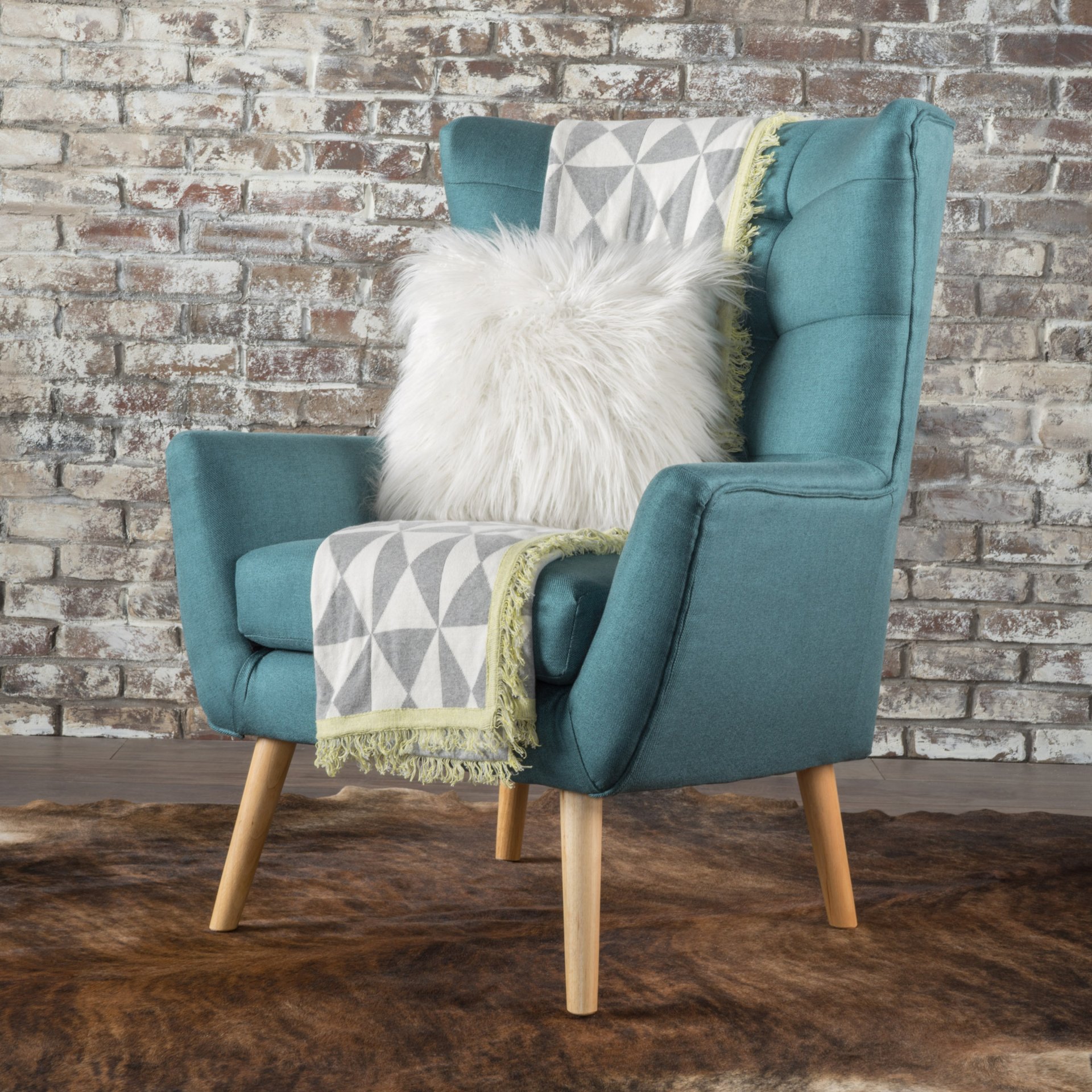 Mid Century Modern Club Chair With Tufted Back And Rubberwood Legs - Teal - Image 2