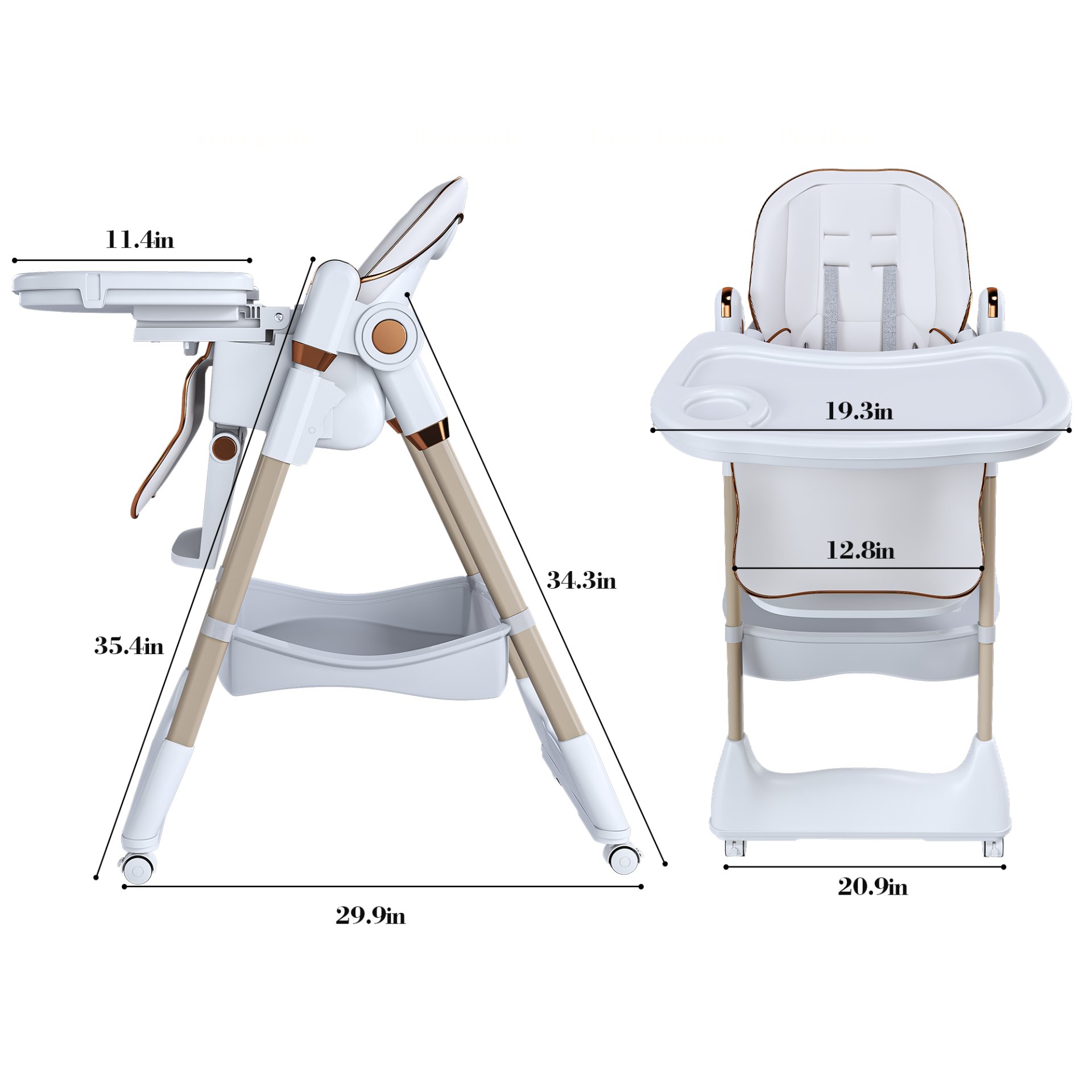 Adjustable Baby High Chair 0 - 6 Years, Portable Infant Feeding Seat With Safety Belt, Silent Lockable Wheels - White - Image 3