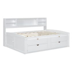 Full Size Daybed With 2 Bedside Cabinets, Upper Shelves And 4 Drawers - White