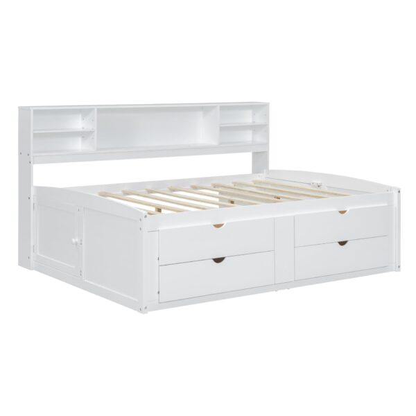 Full Size Daybed With 2 Bedside Cabinets, Upper Shelves And 4 Drawers - White