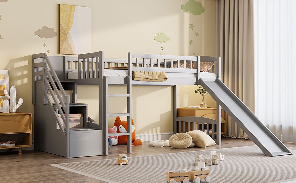 Twin Size Loft Stairway Bed With 2 Drawers And Slide - Gray - Image 18