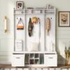 5 In 1 Entryway Bench With Coat Rack, 7 Sturdy Hooks, 2 Spacious Drawers And Adjustable Shelves, Wide Hall Tree With Metal Handles For Hallway - White - Image 4