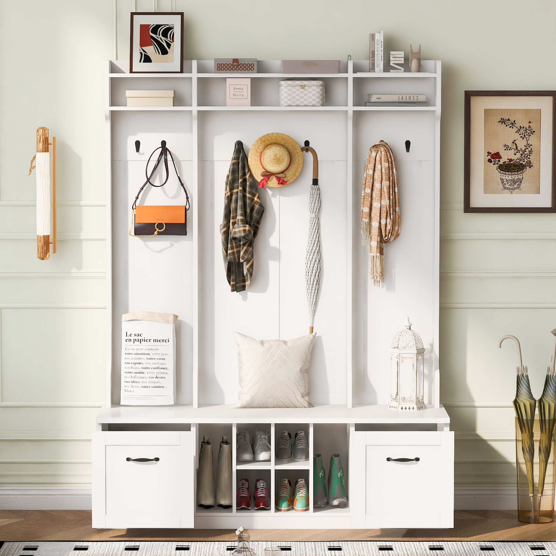 5 In 1 Entryway Bench With Coat Rack, 7 Sturdy Hooks, 2 Spacious Drawers And Adjustable Shelves, Wide Hall Tree With Metal Handles For Hallway - White - Image 4