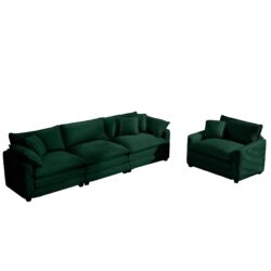 Mid Century Modern Sectional Set 3 Seater & Single Seater With Arm & Throw Pillows - Green