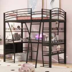 Twin Size Loft Bed With 4 Layers Of Shelves And L-Shaped Desk, Stylish Frame With A Set Of Sockets, USB Ports And Wireless Charging - Black