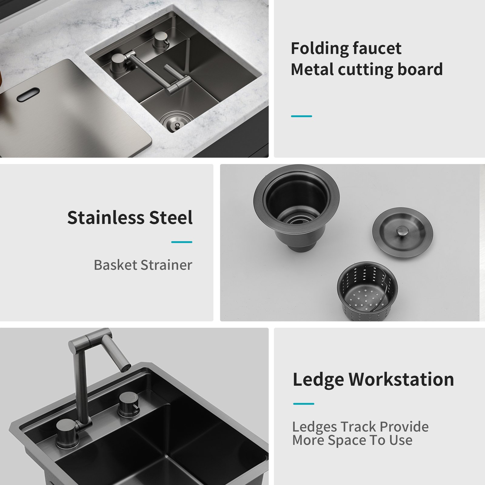 15" Undermount Bar Sink With Folding Faucet, 16 Gauge Stainless Steel, Single Bowl - Gunmetal Black - Image 6