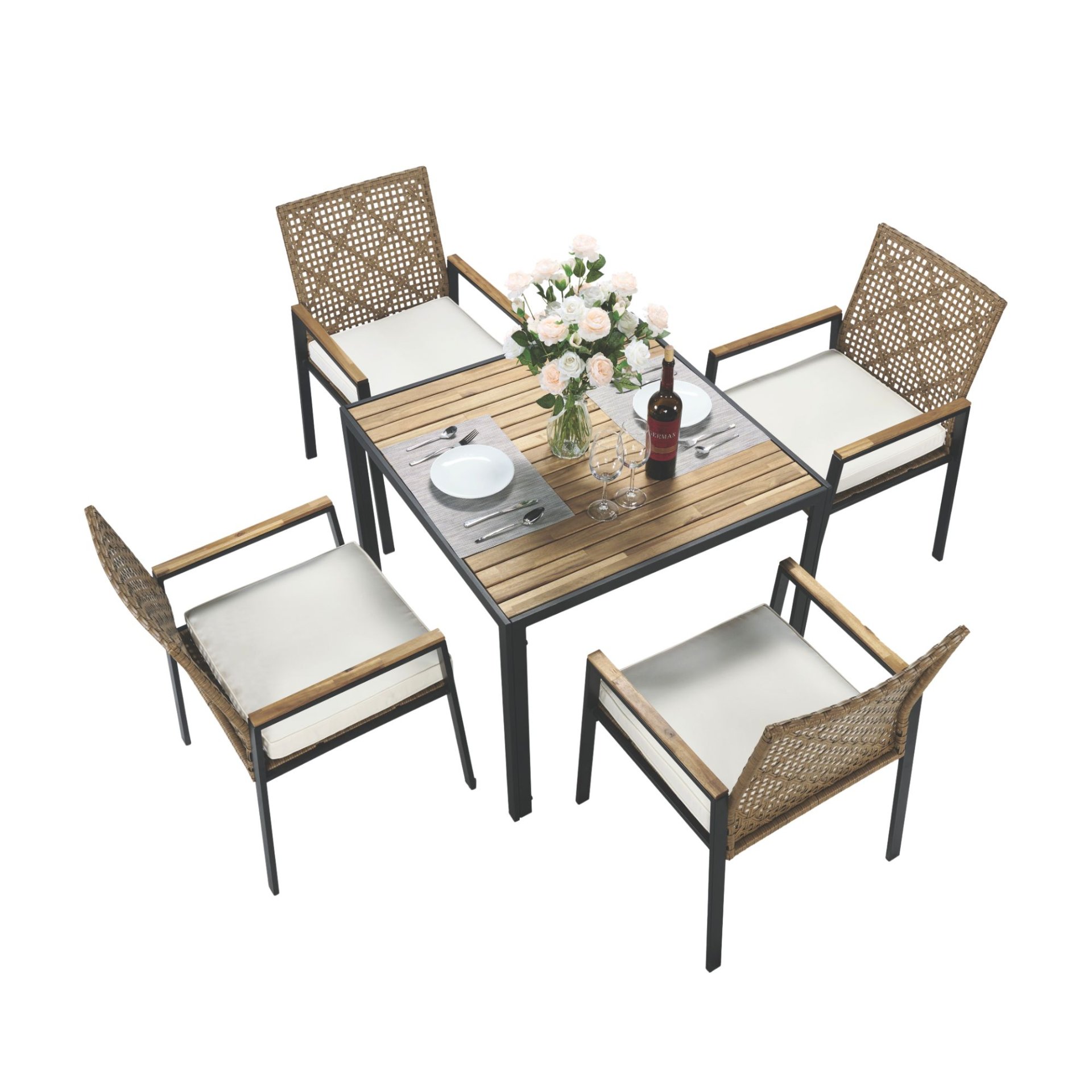 All Weather Patio Dining Table Set With Top And Umbrella Hole - Rattan Outdoor Furniture - Yellow - Image 12