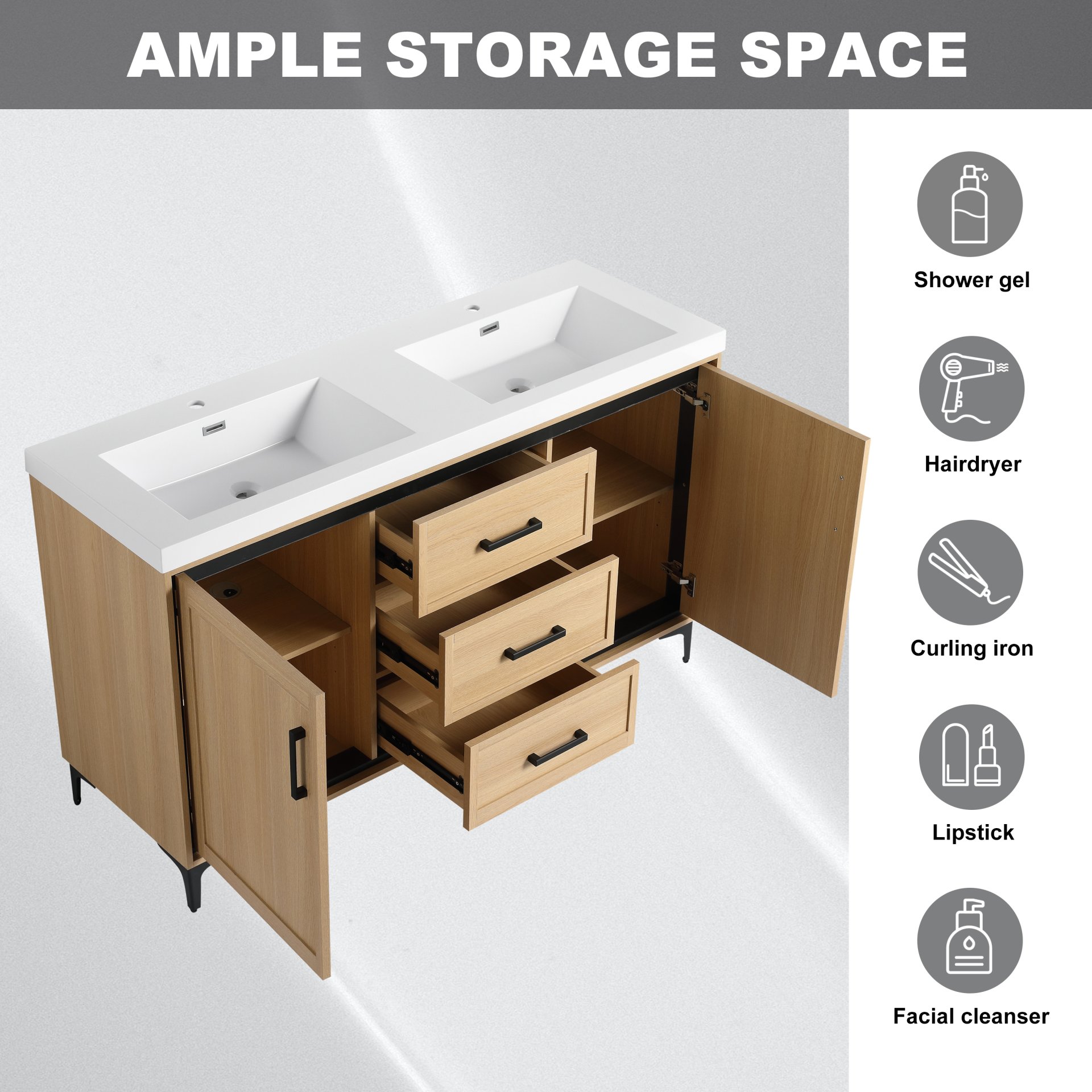 Original 60" Freestanding Bathroom Vanity With Double Resin Sink Plywood Soft Closing Doors & Drawers - Oak - Image 6