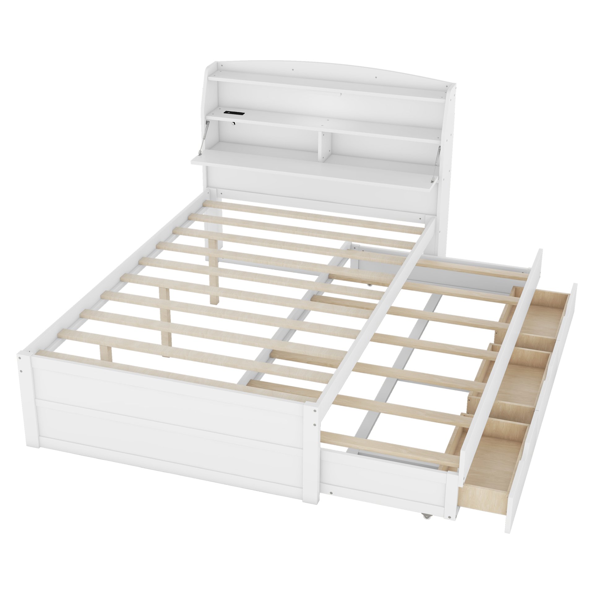 Full Size LED Platform Bed With Trundle With Storage Headboard With Drawers - White - Image 5