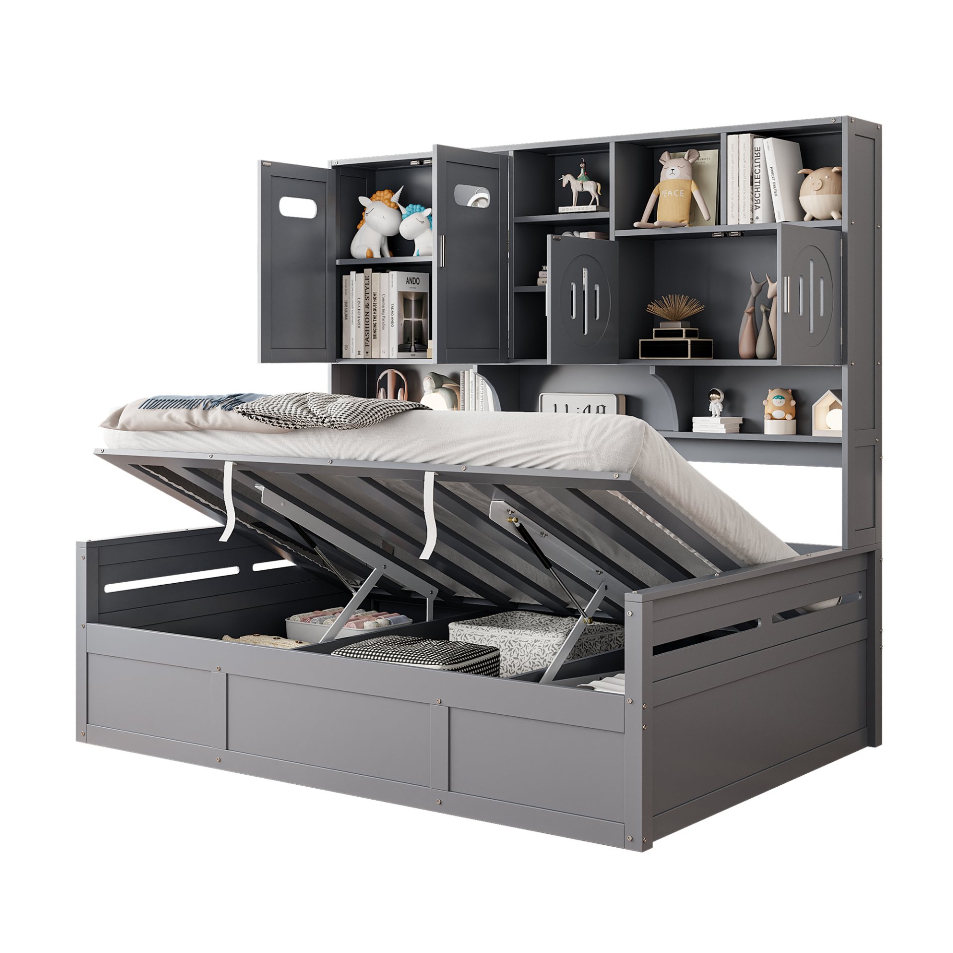 Full Size Wooden Daybed With Hydraulic Bed And All In One Cabinet And Shelf - Gray - Image 12