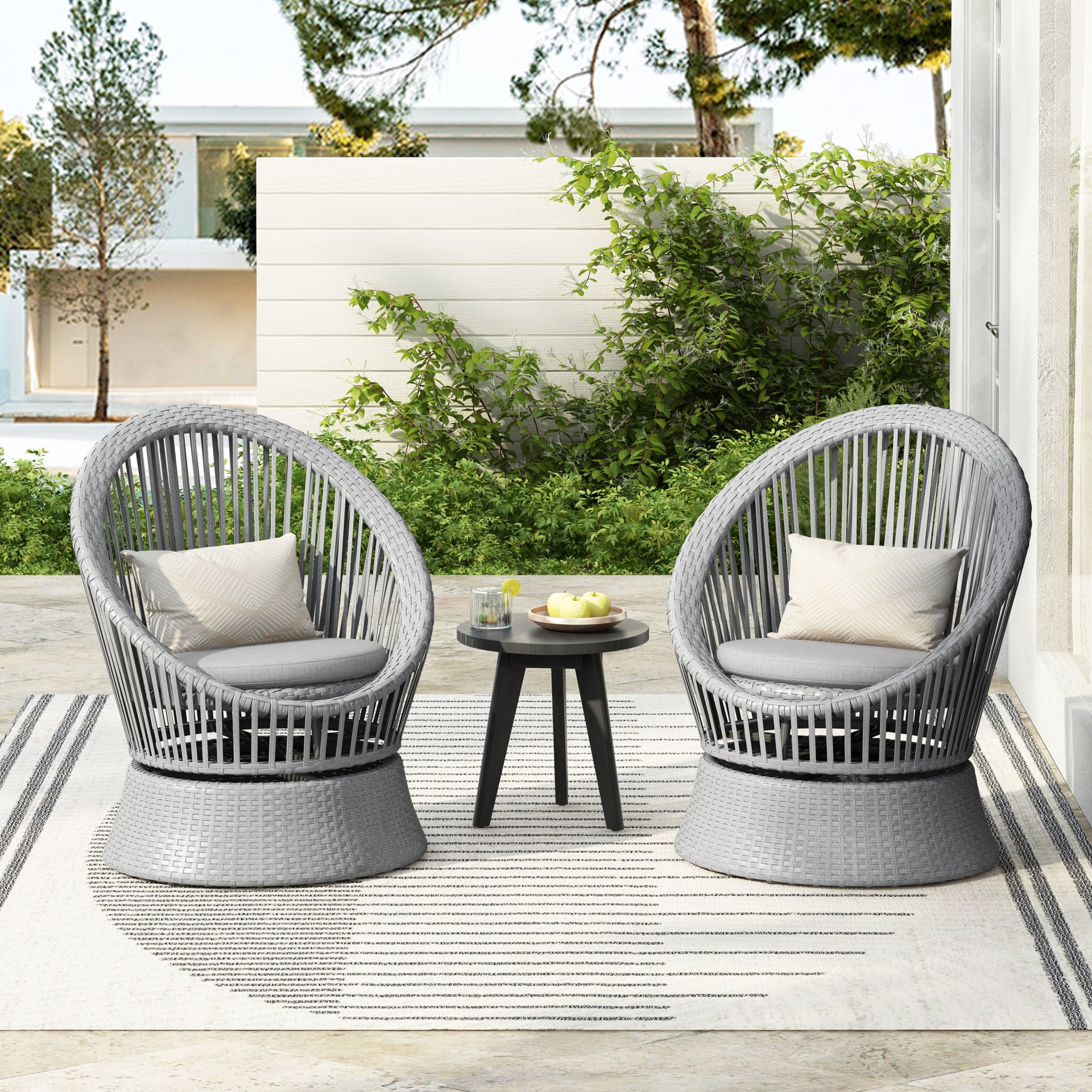 Modern Swivel Wicker Lounge Chair Set With Rattan And Iron Frame, Stylish Round Design For Indoor Or Outdoor Relaxation - Silver Gray - Image 14