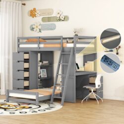 Twin Over Twin Bunk Bed With LED Light And USB Ports - Gray
