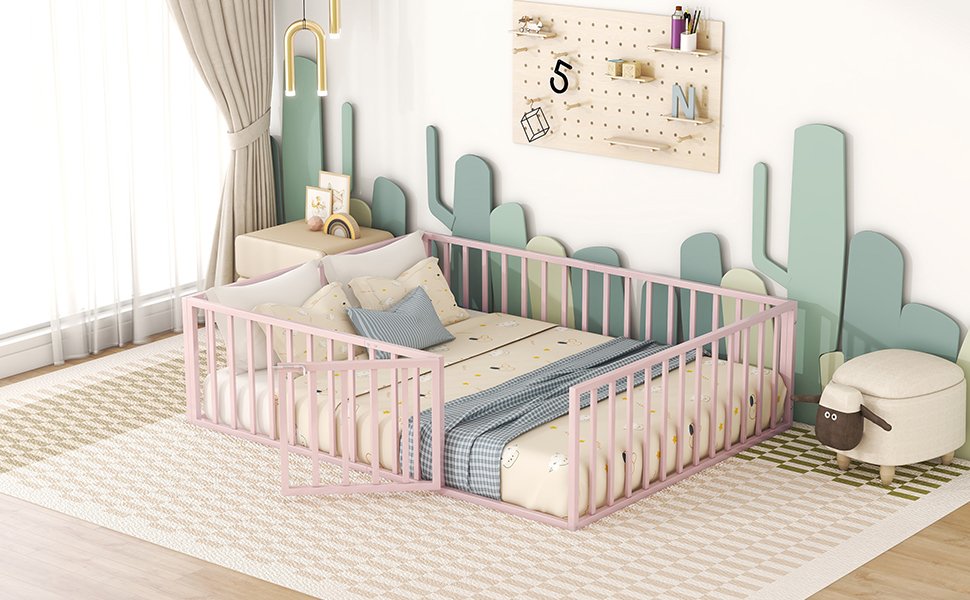 Queen Size Floor Bed Frame With Fence And Door - Pink - Image 11