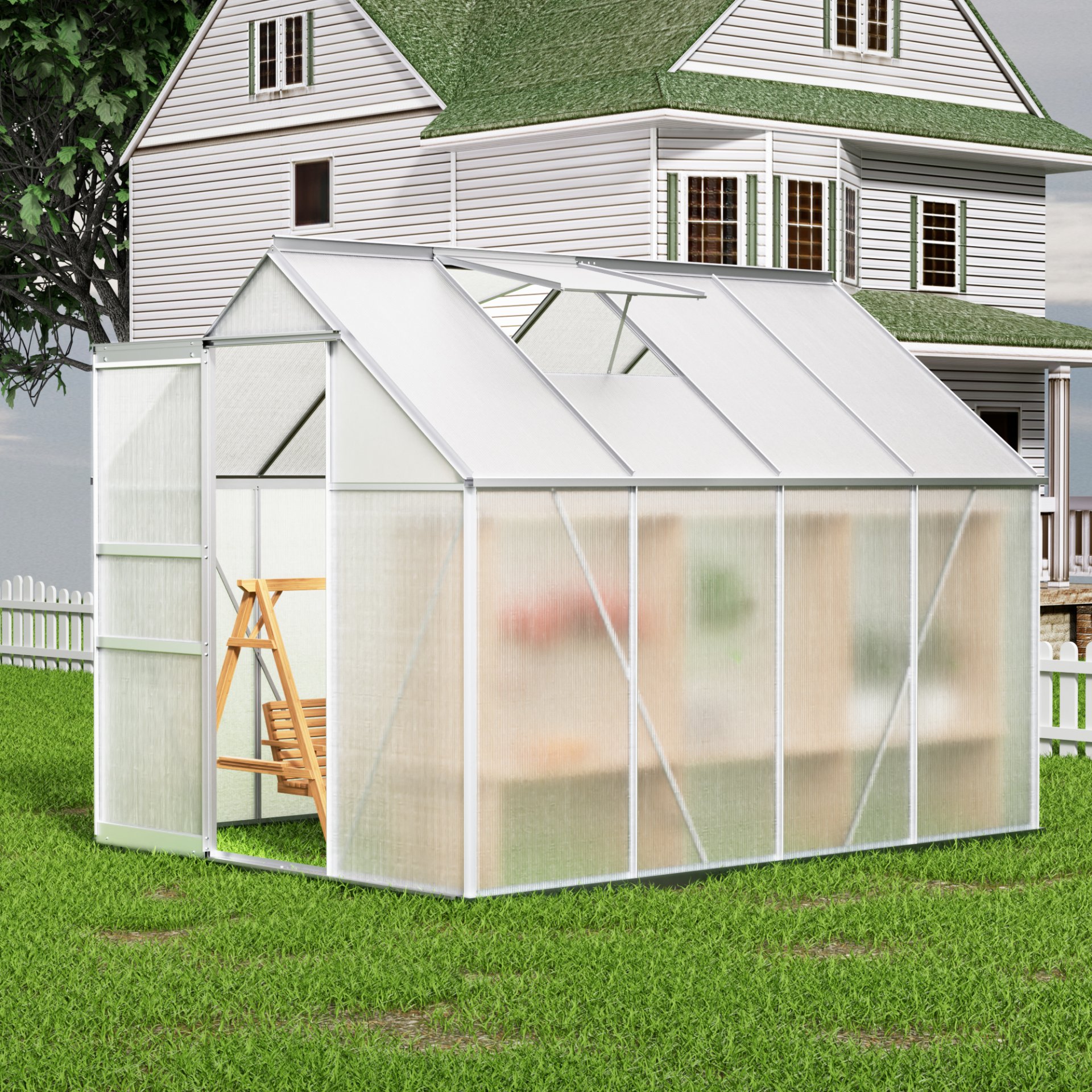 Walk-In Polycarbonate Greenhouse With Roof Vent, Sliding Doors, Hobby Hot House For Outdoor Garden Backyard - Silver - Image 3