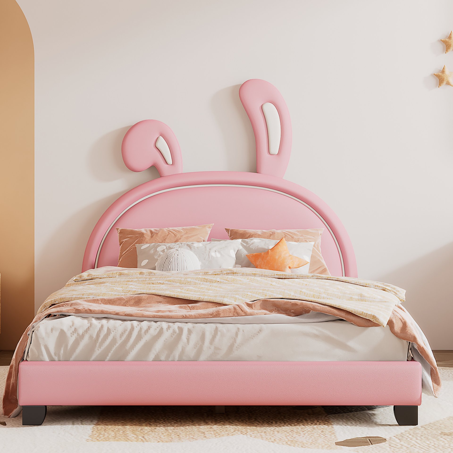 Full Size Upholstered Leather Platform Bed With Rabbit Ornament, Pink - Image 2