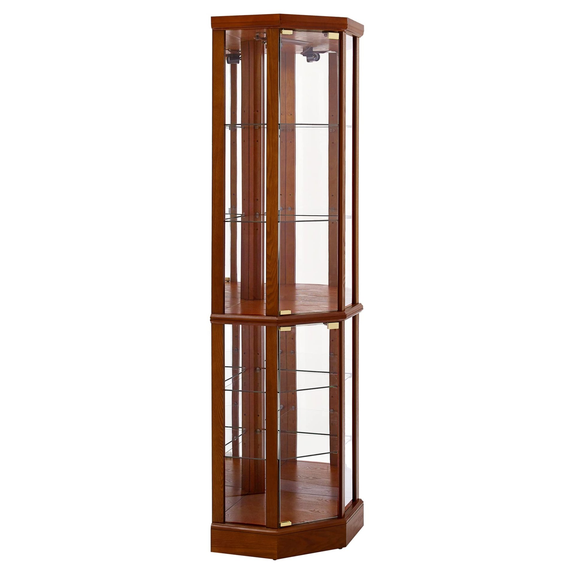 6 Shelf Lighted Corner Curio Cabinet With Adjustable Tempered Glass Shelves And Mirror Back (E26 Light Bulb Not Included) - Oak - Image 9