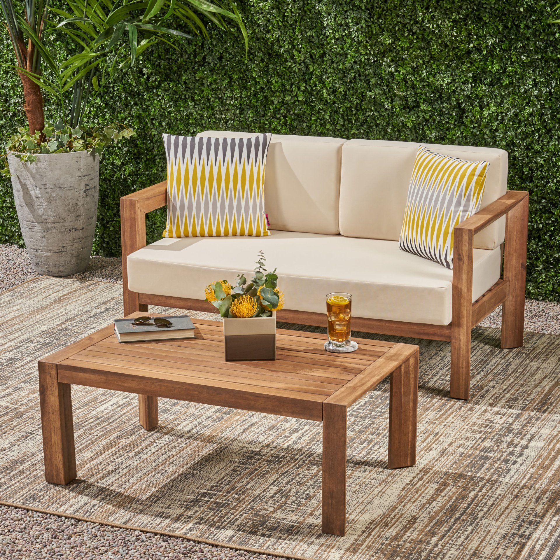 2 Piece Patio Set With Open-Back Loveseat And Coffee Table - Beige / Brown - Image 9