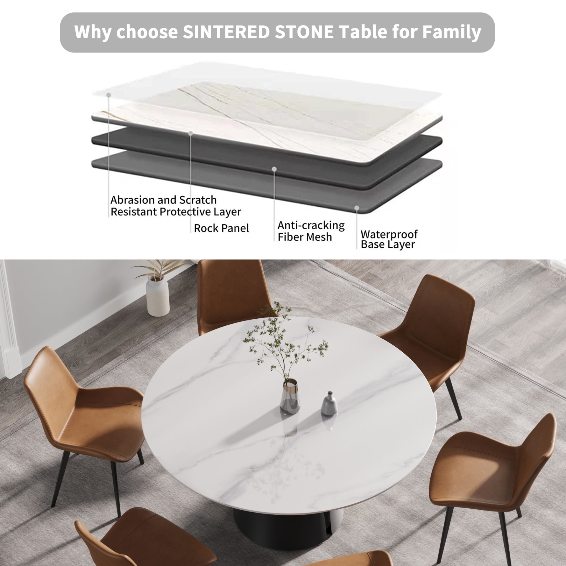 59.05" Modern Artificial Stone Round Carbon Steel Base Dining Table - White / Black - Image 6