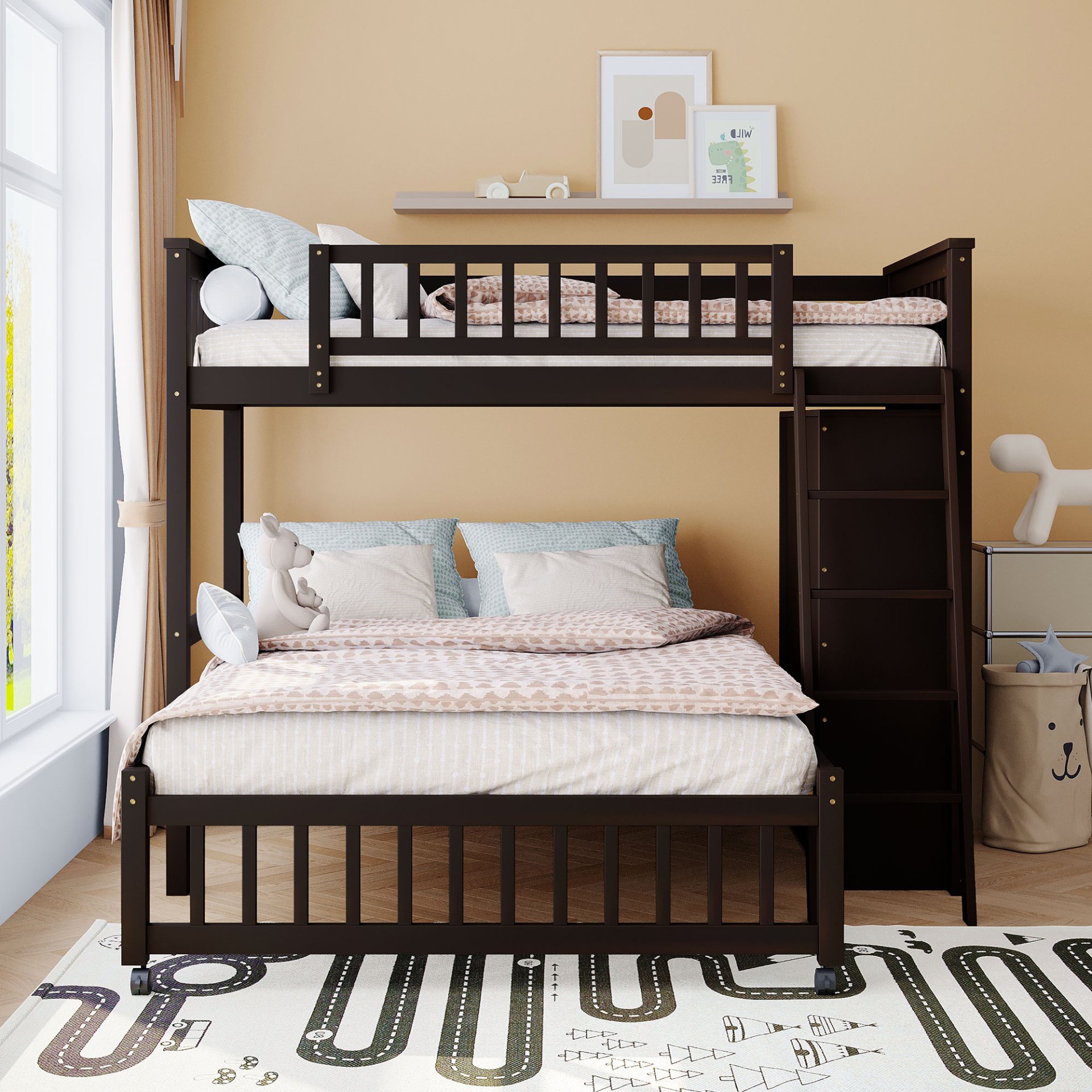 Twin Over Full Bunk Bed With 6 Drawers And Flexible Shelves, Bottom Bed With Wheels - Espresso - Image 2