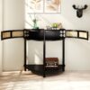 Boho Rattan Semi Circle End Table With Sliding Door, Elegant Wood Accent Table With Storage And Bottom Shelf - Black - Image 5