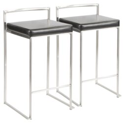 Fuji - Contemporary, Stackable Counter Stool (Set of 2) - Black - Faux Leather