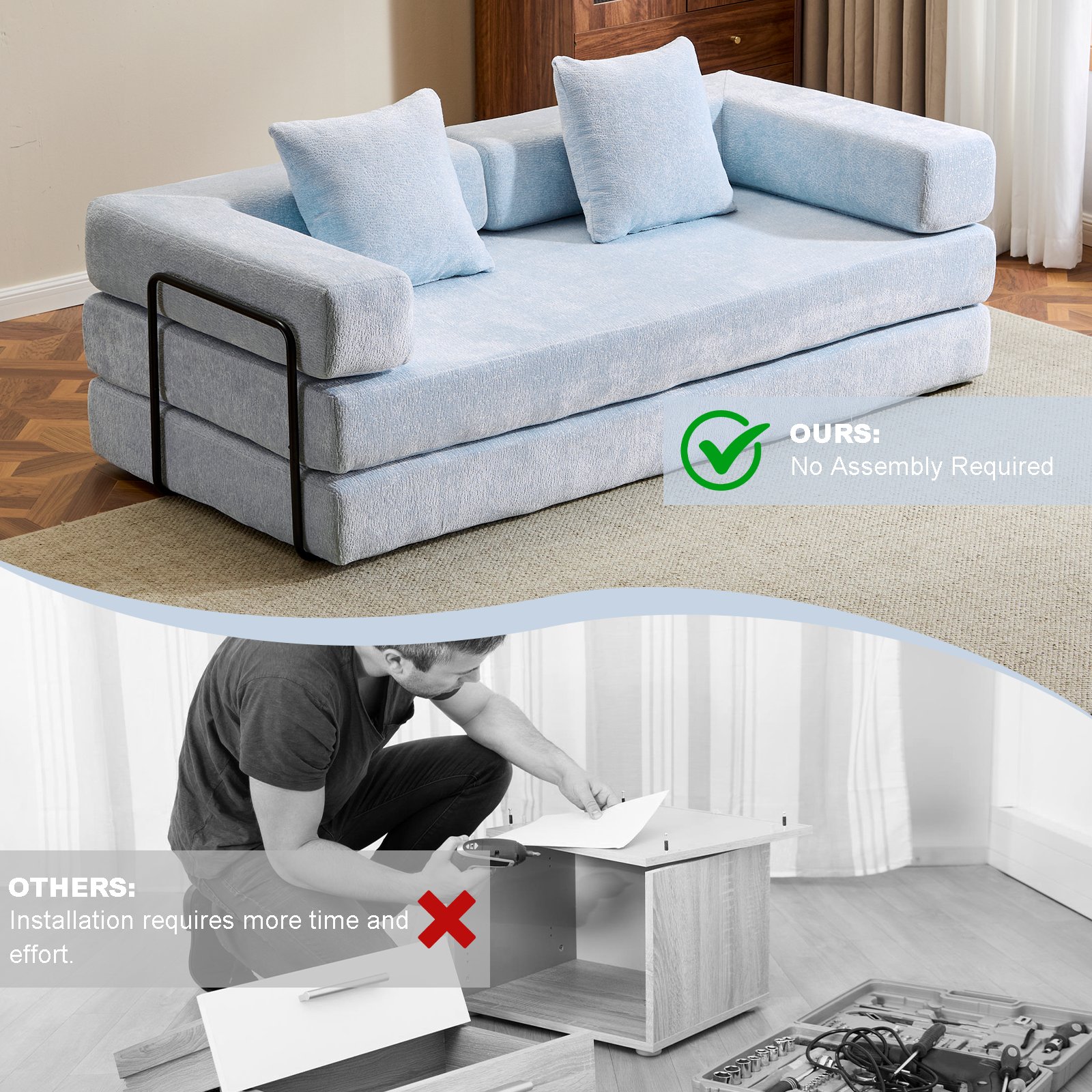 Floor Couch, Compression Sofa, Convertible Floor Sofa Bed With Pillow Back Support Armrest - Light Blue - Image 7