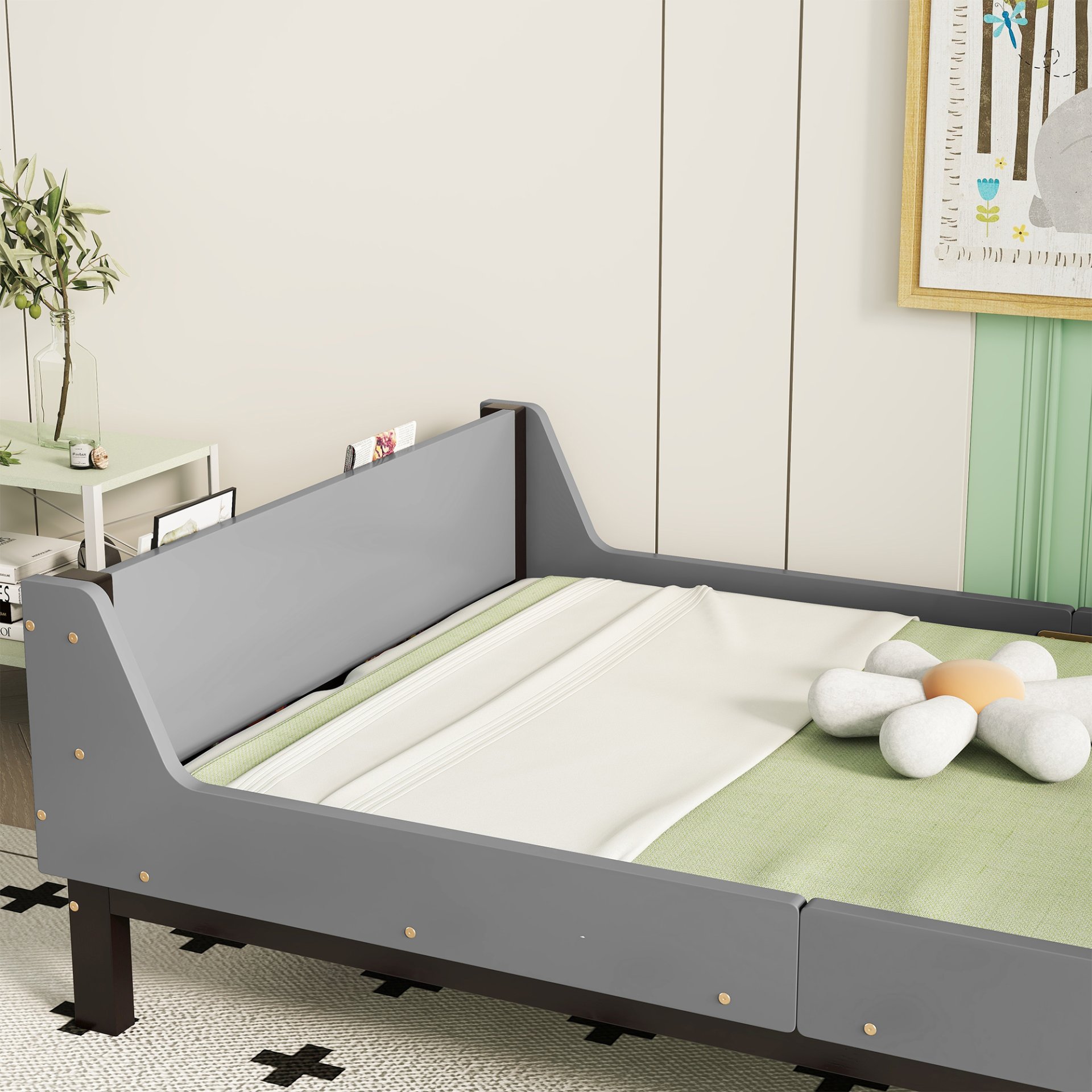 Twin Bed With Headboard, Footboard, Safeguards, Built-In Bed-End Book Storage Rack - Gray - Image 4