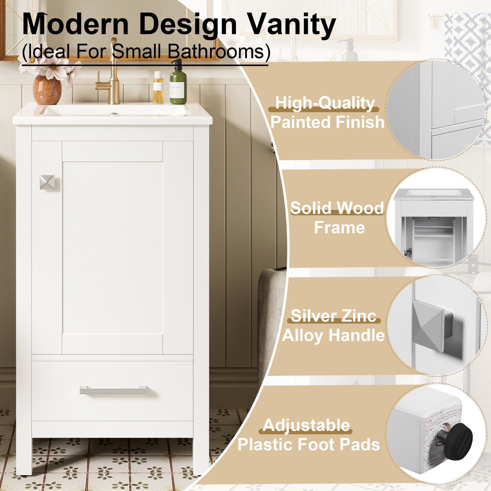 18" Bathroom Vanity With Sink, Soft Close Drawers, Door Organizer, Divider Drawer, Adjustable Foot Pads - White - Image 7