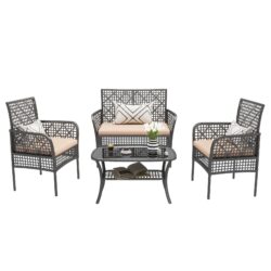 Rattan Wicker Patio Furniture Set With Tempered Glass Table And Cushions, 4 Pieces - Beige