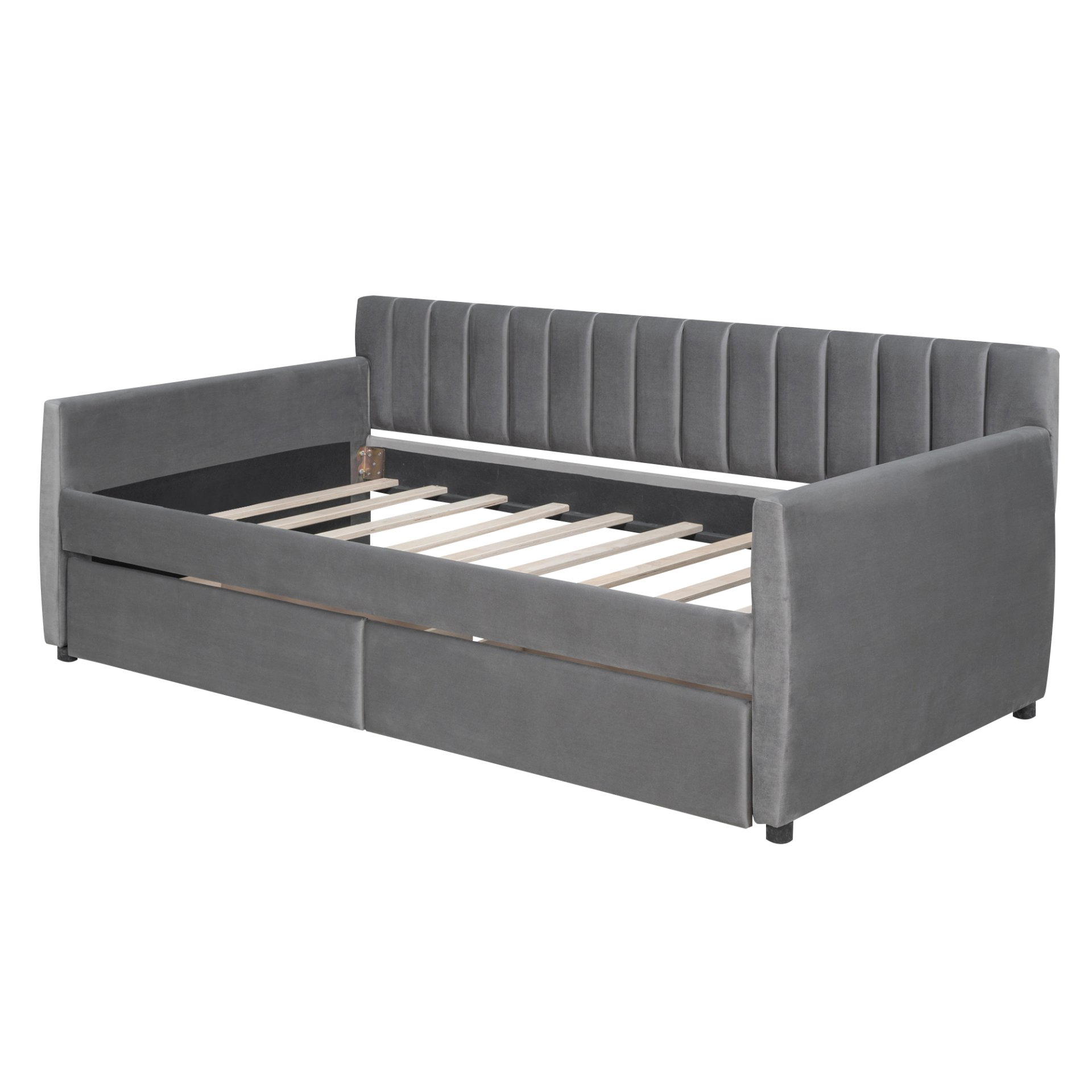 Twin Size Upholstered Daybed & Drawers, Slat Support - Gray - Image 4