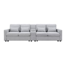Upholstered Sofa With Console, 2 Cupholders And 2 USB Ports Wired Or Wirelessly Charged, Modern Linen Fabric Couches With 4 Pillows (4 Seat) - Light Gray