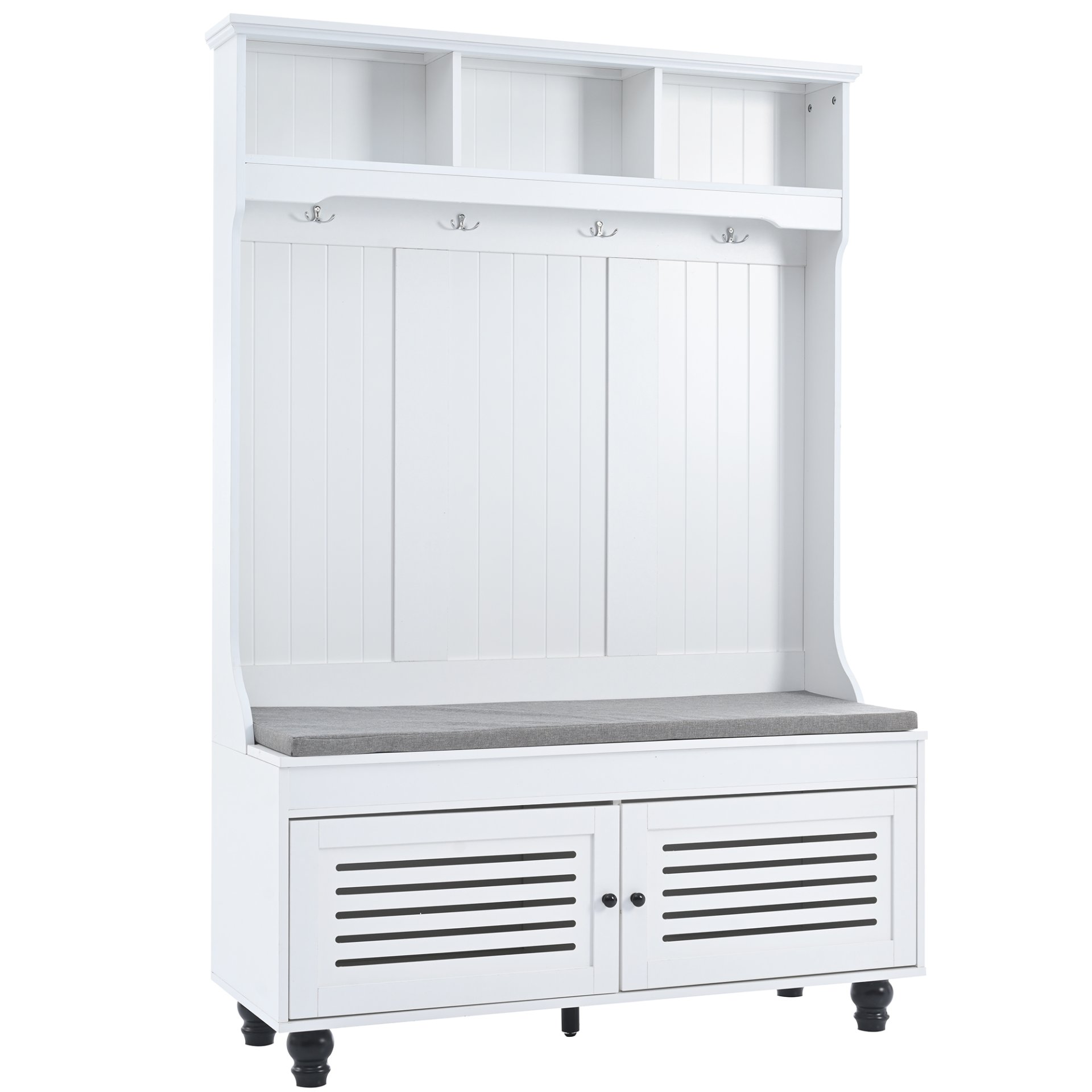 5 In 1 Entryway Bench With Shutter - Shaped Doors, Coat Rack, Cushion And 4 Sturdy Hooks, Wide Hall Tree With Storage Bench For Hallway, Entryway, Living Room - White - Image 15