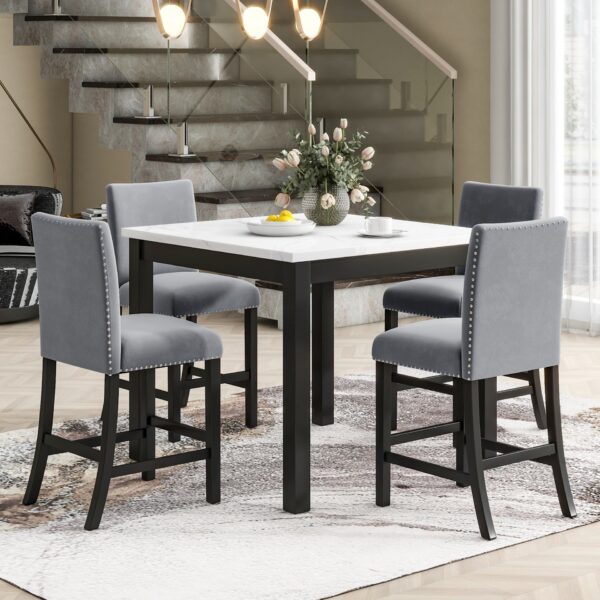 5-Piece Counter Height Dining Table Set With One Faux Marble Top Dining Table And Four Velvet Upholstered Chairs - Gray
