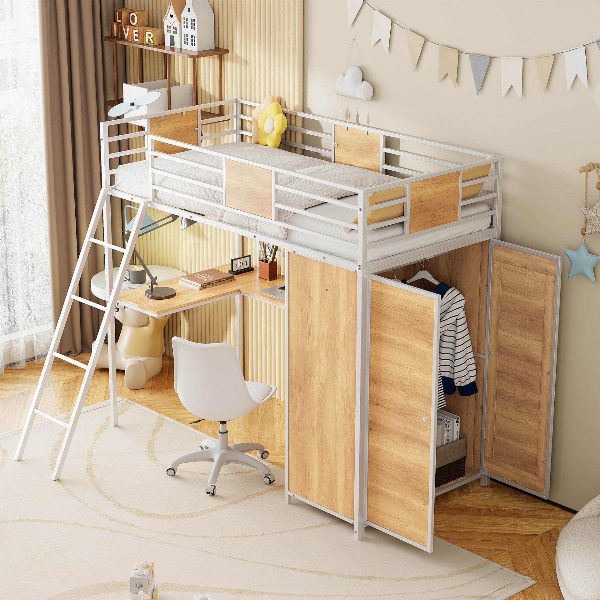 Twin Size Loft Bed With L Shape Desk And Wardrobe - White - Image 3