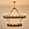 2 Tiers Wagon Wheel Chandelier Wooden Farmhouse 36 Light (24 / 12) Or (12 / 24) Metal Chandeliers 2 Story Light Fixtures Industrial For High Ceiling Living Dining Room Foyer, Adjustable Height - Black - Image 22