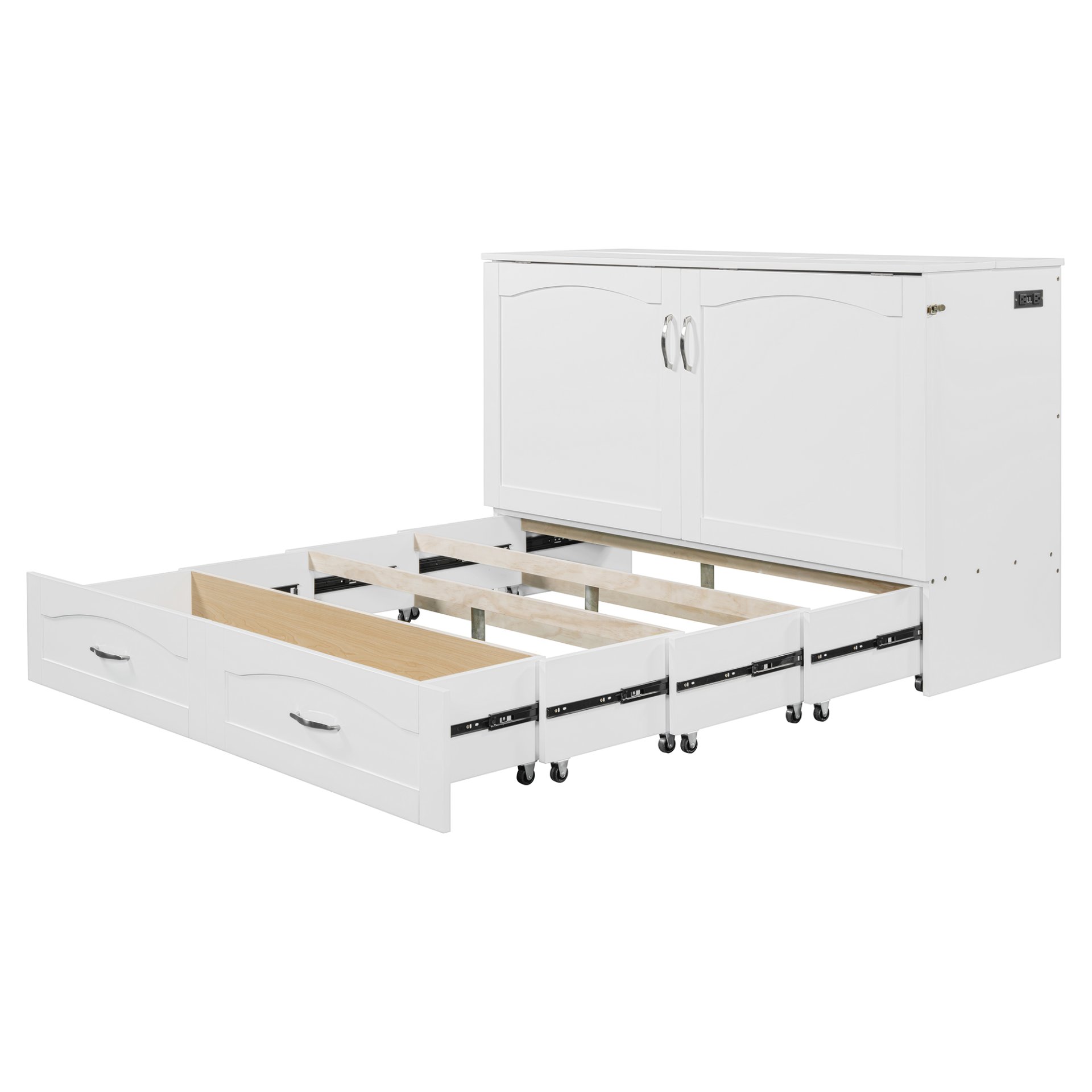 Queen Size Murphy Wall Bed With Drawer And A Set Of Sockets & USB Ports, Pulley Structure Design - White - Image 14
