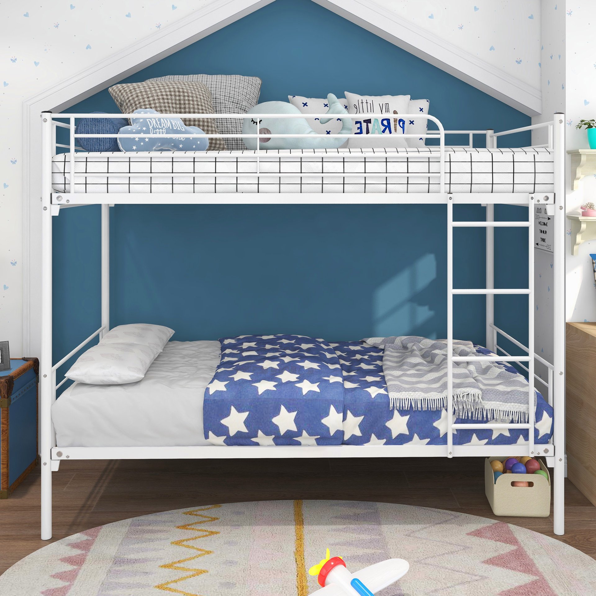 Twin Over Twin Bunk Bed With Metal Frame And Ladder, Space Saving - White - Image 2