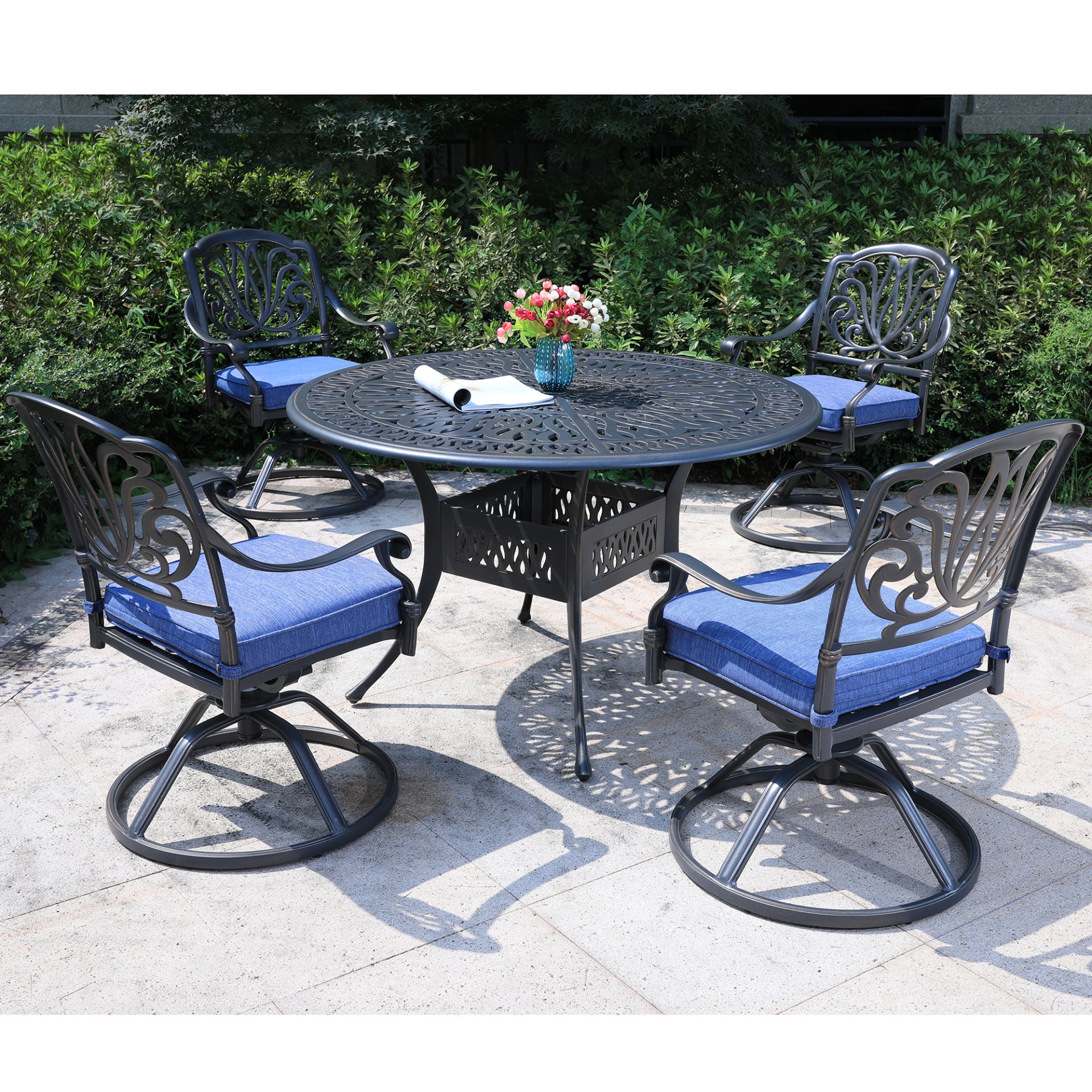 Round 4 Person 48.03" Long Aluminum Dining Set With Cushions - Gray / Navy - Image 4