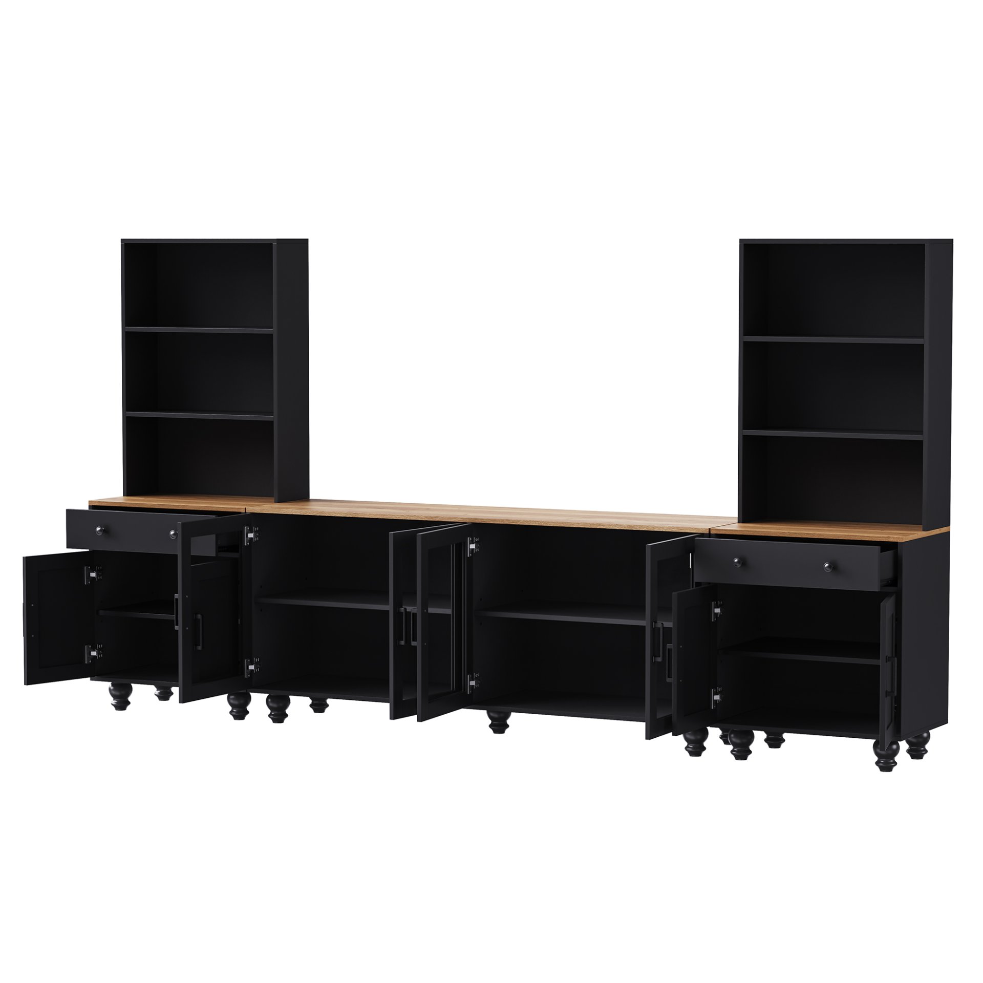 Farmhouse TV Stand With Solid Wood Gourd Shaped Legs For TVs Up To 70", Entertainment Center With Bookshelves & Tempered Glass Doors, Media Console With Adjustable Shelves, Living Room - Black / Natural - Image 13