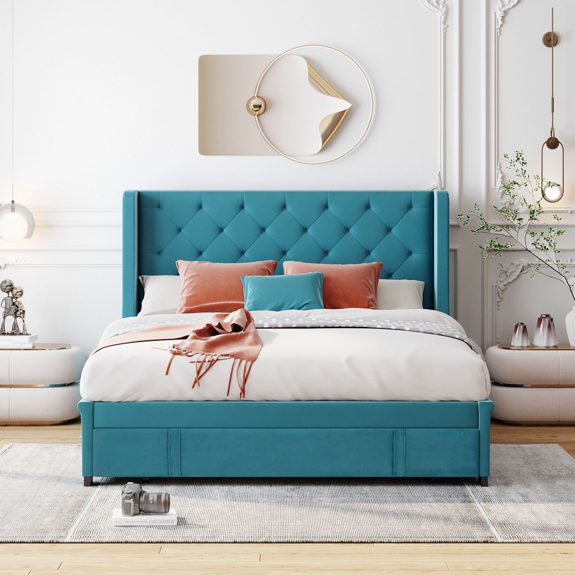 Queen Size Storage Upholstered Platform Bed With Wingback Headboard And A Big Drawer - Blue - Image 2